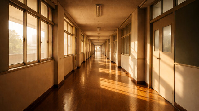 夕陽が差し込む静かな学校の廊下｜Empty School Corridor in Warm Sunset Light Generative AI