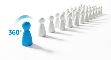 A single blue pawn leads a line of white pawns in a 360 degree arc. Leadership concept.