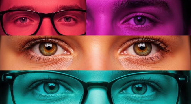 Close up of three people's eyes in different neon colors red purple teal. - Powered by Adobe