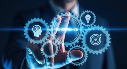 Close up of businessman hand activating competence icon on digital interface with gears and icons.