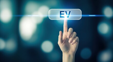 A hand presses an 'EV' button on a digital interface against a blurred blue bokeh background.