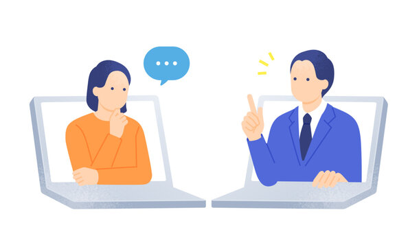 カスタマーサポート。BtoCの個人向けサポートのイメージ。 オンラインでお客様の質問に答える男性。