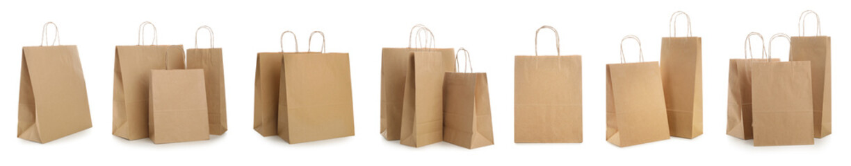 Group of paper shopping bags on white background