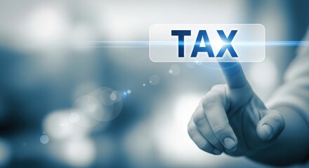 Finger presses TAX button, finance concept, blurred background.