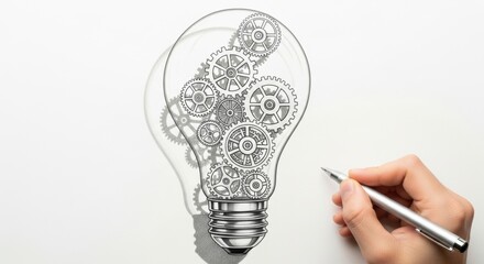 Hand drawing a light bulb filled with intricate gears, symbolizing innovation and complex ideas.