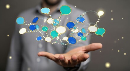 Abstract digital network of speech bubbles held in a hand, symbolizing communication.