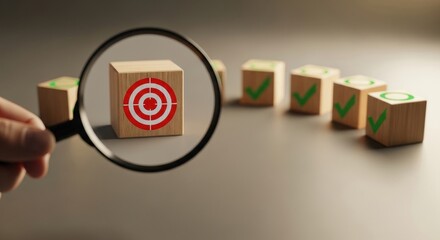 Magnifying glass focuses on a target cube amidst other cubes with checkmarks suggesting success and strategy.