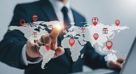 Businessman uses digital world map with location pins and laptop.