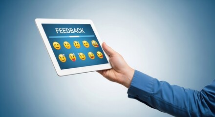 Person holding a tablet showing a feedback screen with various emojis and the word feedback.