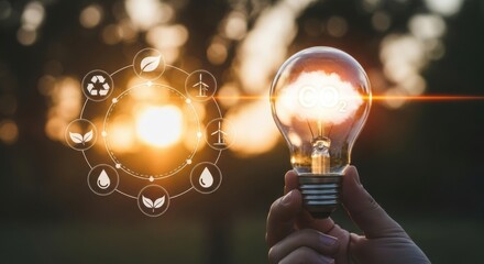 Glowing light bulb with CO2 cloud and eco icons held at sunset, symbolizing environmental concepts.