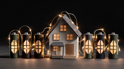 Batteries and a house model with lights placed on a dark surface during a creative display at night, real estate agency services