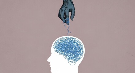 A conceptual illustration showing a hand pouring blue pixels into a white silhouette of a head representing the brain.