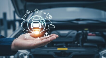 Close-up of a hand holding a digital network of car service icons with a globe at its center. Auto repair concept.