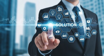 Businessman interacts with a digital interface displaying 'SOLUTION' and network icons in a modern office city background.