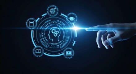 Futuristic digital interface with education and technology icons activated by a human finger.