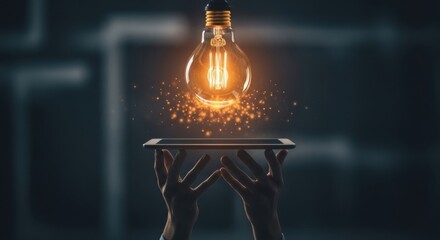 Hands hold tablet with glowing light bulb overhead symbolizing innovation and new ideas.