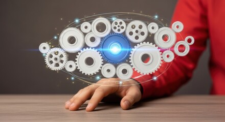 Abstract digital network forming an eye shape with gears and blue light, touched by a human hand.