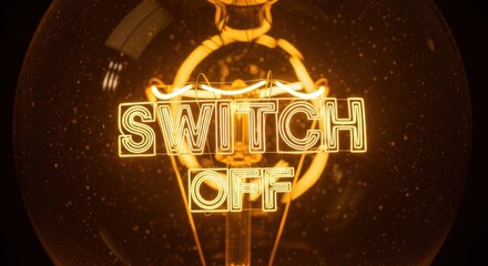 Close up of an incandescent light bulb filament glowing with warm orange light forming the words switch off.