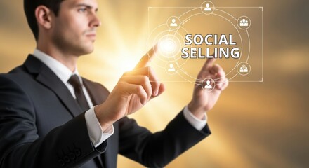Businessman interacts with a digital interface displaying 'Social Selling' in a golden light.