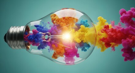 Light bulb exploding with colorful smoke and bright light symbolizes creativity and new ideas.
