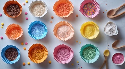 Colorful sprinkles, cupcake liners, and baking supplies arranged in a flat lay on a white surface.