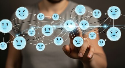 Man interacts with a digital network of emotional fuzzy blue balls.