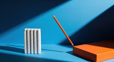 A minimalist composition featuring an orange pencil and a textured concrete object against a vibrant blue background illuminated by dramatic sunlight and shadows.