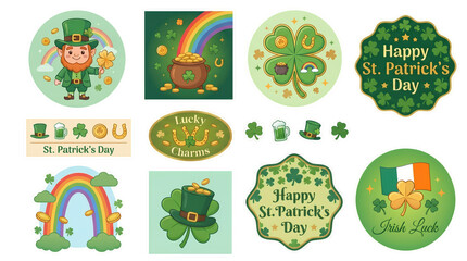 St. Patrick's Day themed illustrations with leprechaun, shamrocks, and rainbows  