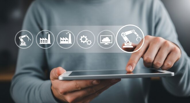 Person using a tablet to interact with industrial automation concepts represented by icons.