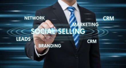 Businessman writing social selling strategy on digital screen with marketing concepts and business terms.