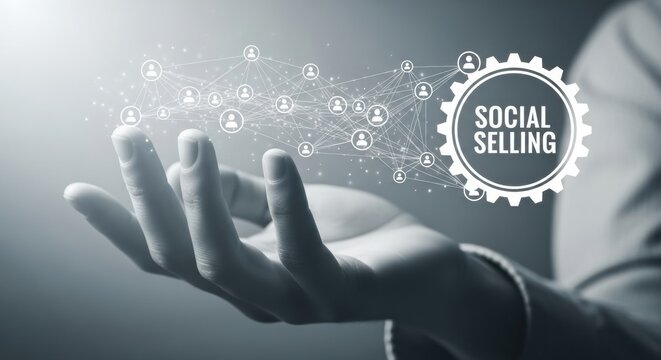 Open hand presenting a glowing digital network cloud with social selling icons and gear symbol. - Powered by Adobe