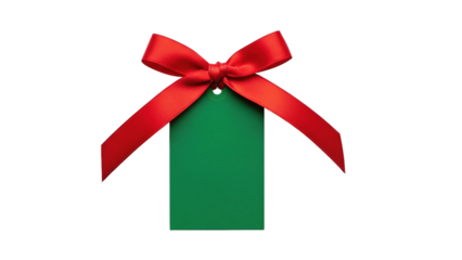 Green gift tag with red ribbon bow on white background  