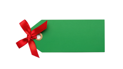 Green gift tag with red ribbon and bow for holiday wrapping  