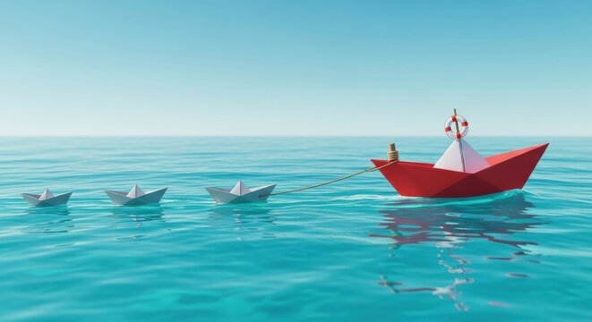 A red origami boat leads several white origami boats across a serene blue ocean under a clear sky. - Powered by Adobe