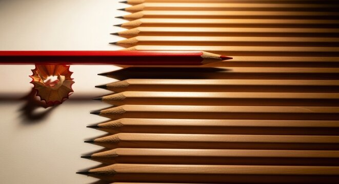 A single red pencil is highlighted amongst a group of unsharpened wood pencils with dramatic lighting and shavings.