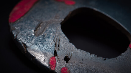 Close-up Reveal of a Weathered Mask Showcasing Intricate Textures, Vibrant Hues, and Captivating Imperfections in a Dramatic Light Setting