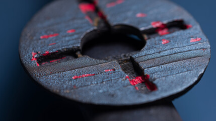 Intricate Details of an Industrial Component Reveal Unexpected Beauty Through Deep Textures and Vivid Red Highlights