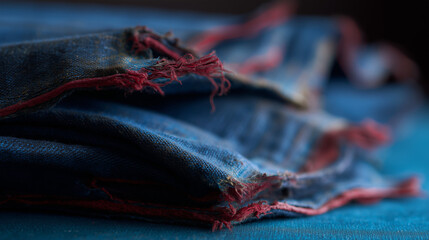 Frayed Edges of Vintage Denim Capture the Essence of Worn Journeys and Timeless Style Amidst Soft, Blurred Colors