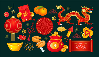 Chinese New Year vector illustration set with red dragon, lanterns, gold coins, firecrackers, lucky red envelope and traditional festive symbols on dark burgundy background.