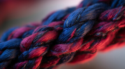 Textured Composition of Intertwined Blue and Red Fibers Showcasing Intricate Craftsmanship and Vibrant Colors in Natural Light