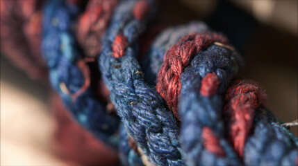 Textures of Intertwined Ropes Basking in Warm Sunlight, Showcasing Vibrant Hues of Red, Blue, and Purple Against a Rustic Backdrop