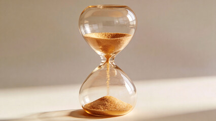 Hourglass with golden sand on neutral background