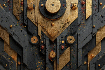 An abstract geometric background in a black and gold color scheme with a metallic texture.  