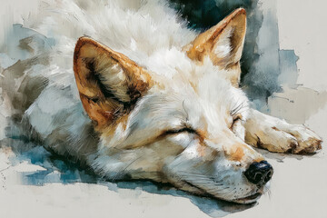 Obraz premium An artistic illustration of a sleeping fox, executed in a painterly style with expressive brushstrokes and a soft color palette. 