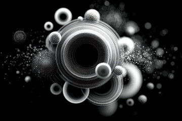 An abstract monochrome composition of concentric rings, spheres, and dotted structures against a deep black background.  