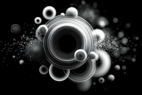 An abstract monochrome composition of concentric rings, spheres, and dotted structures against a deep black background.   - Powered by Adobe