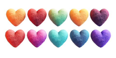 A collection of vibrant fuzzy hearts in various rainbow colors, conveying emotions and affection in a playful and whimsical way.