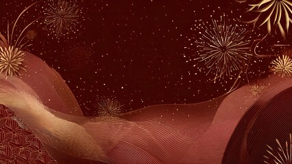 A luxurious background illustration celebrating the joyous Chinese Lunar New Year with elegant golden fireworks and festive red tones, perfect for seasonal greetings and cultural celebrations