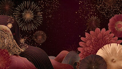 A luxurious cover background celebrating the joyous Chinese Lunar New Year, featuring elegant floral designs, sparkling fireworks, and traditional red and gold hues for festive occasions