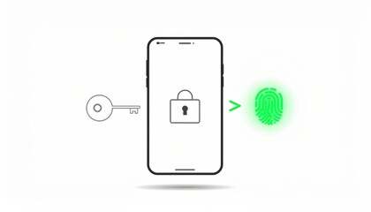 Smartphone unlocking using fingerprint scanner. Cybersecurity with biometrics in contemporary minimal linear style, modern technology, data protection
